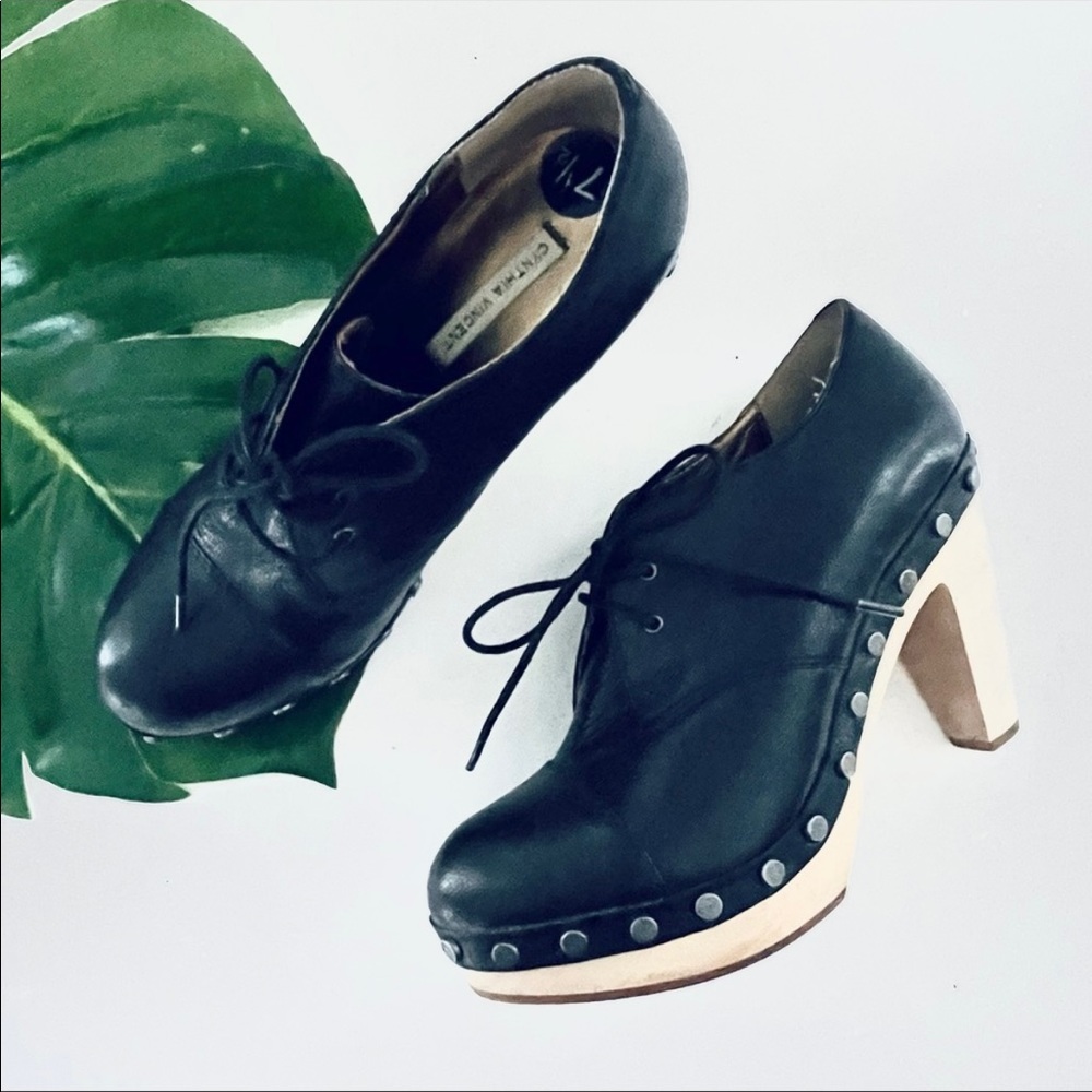 Anthropologie Cynthia Vincent black Leather stud lace up booties wood soles 7.5